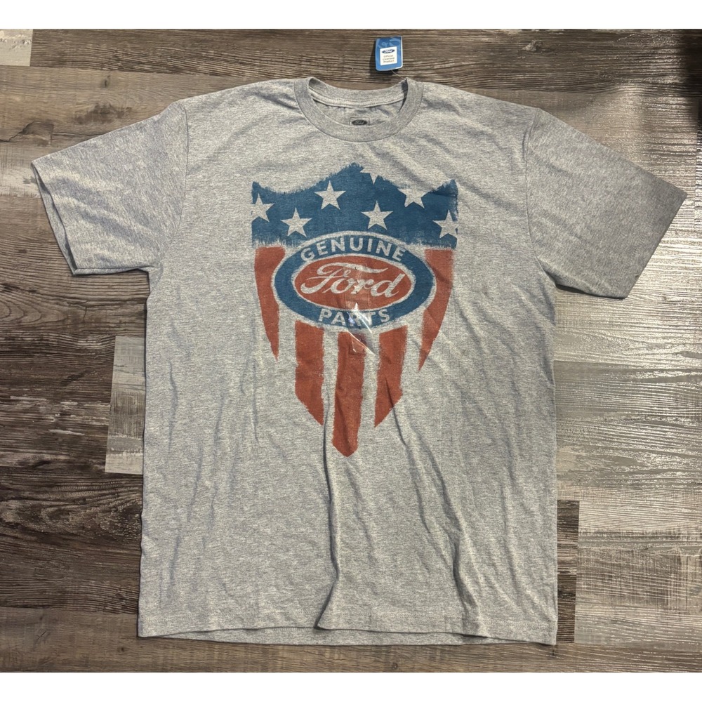 Ford Genuine Parts Mens Graphic T-Shirt Gray Patriotic Shield Logo Size L NWT